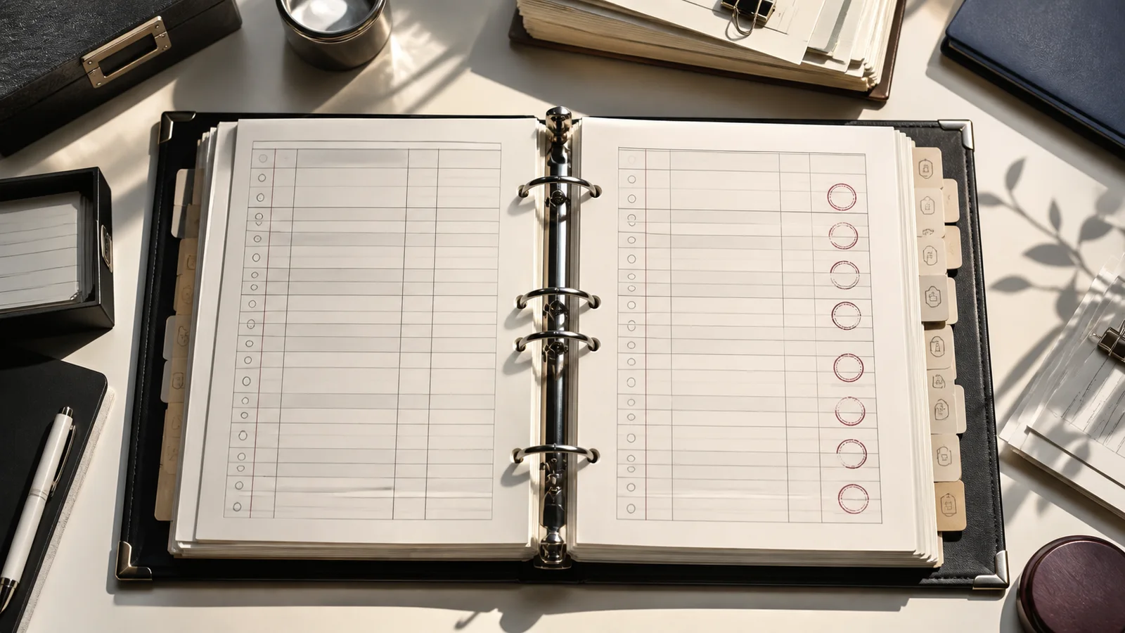 An open security evidence ledger with ruled entries and audit stamps