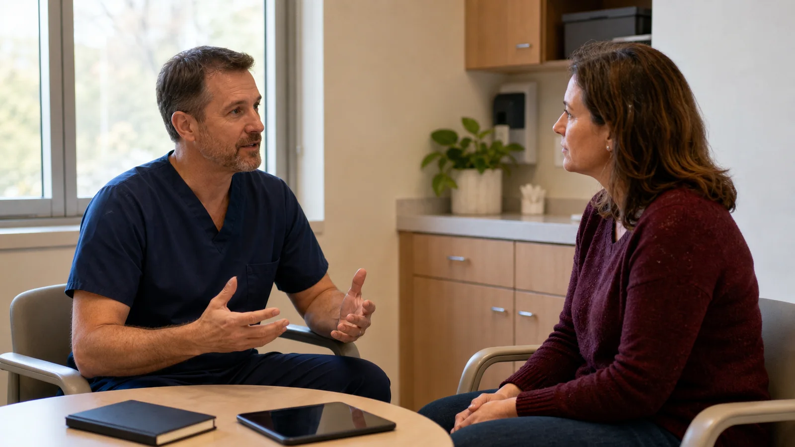 A clinician and patient having a calm conversation in a consultation room