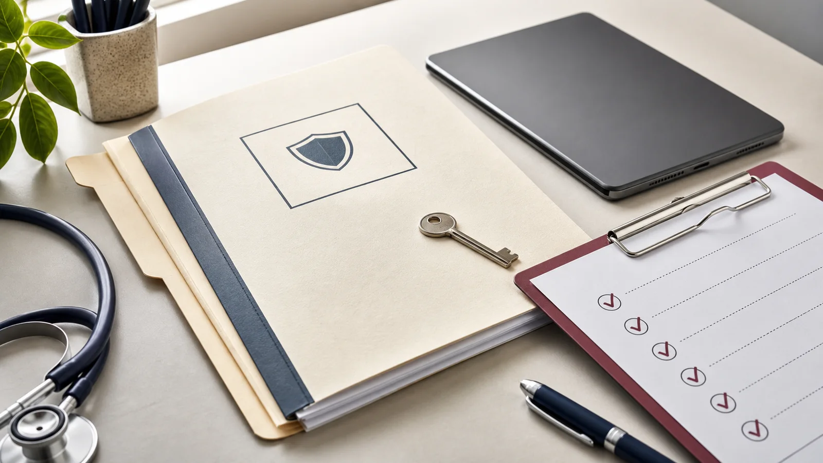 A clinical compliance dossier, checklist, key, and tablet arranged for review