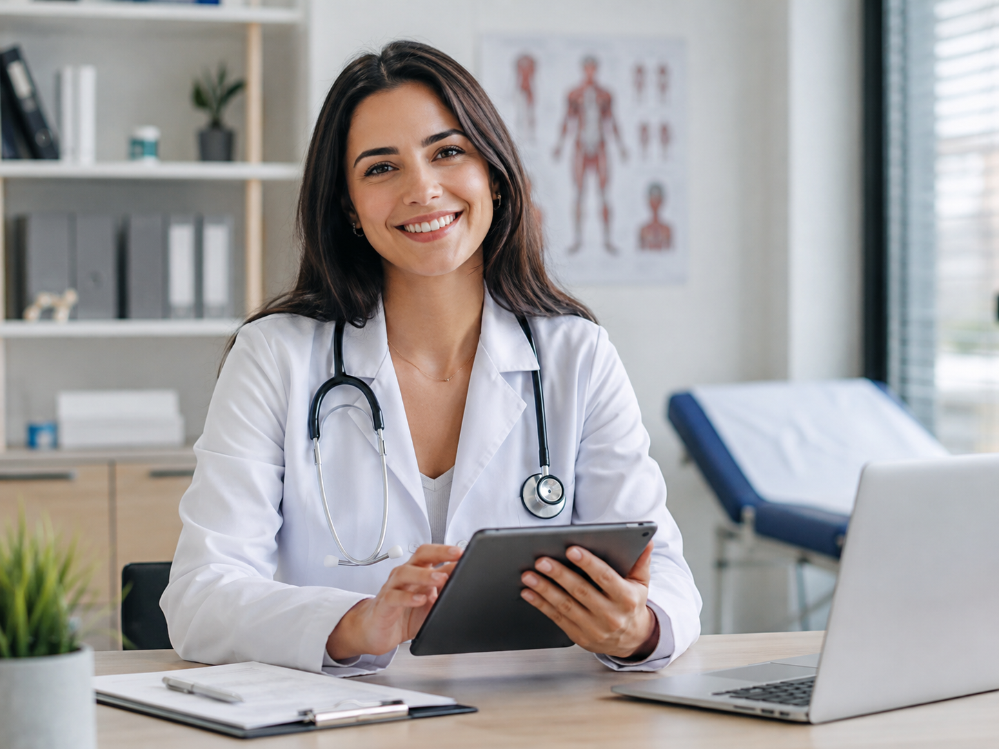 Clinician seated at a desk with a tablet and laptop
