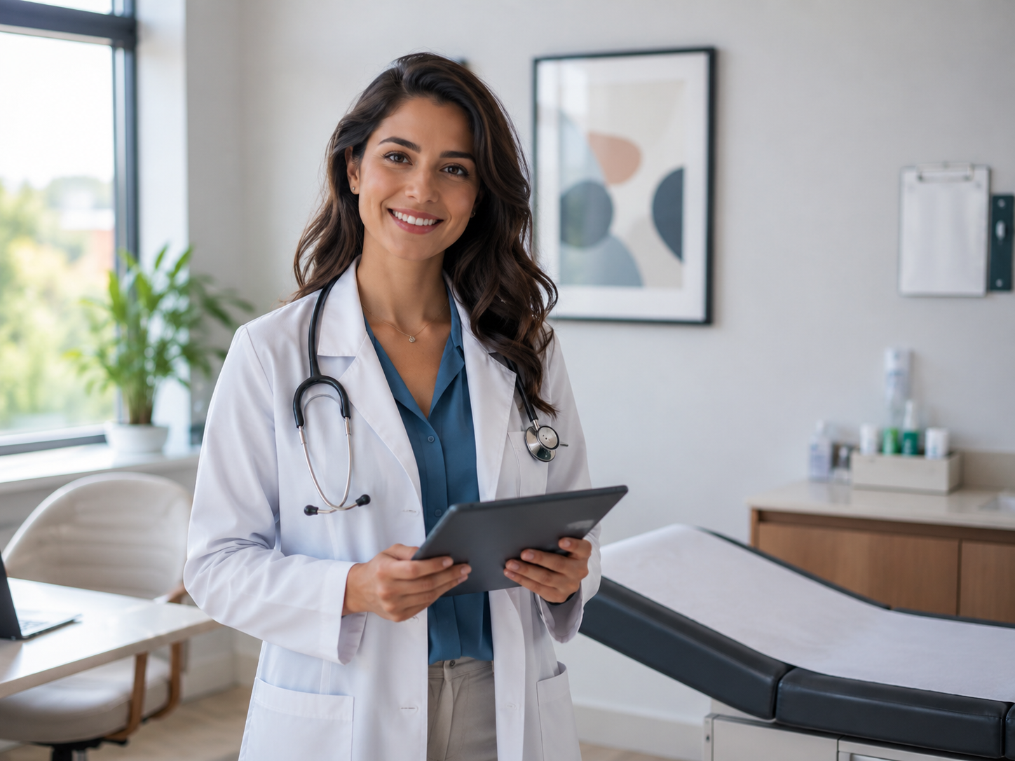 Clinician holding a tablet in a bright examination room
