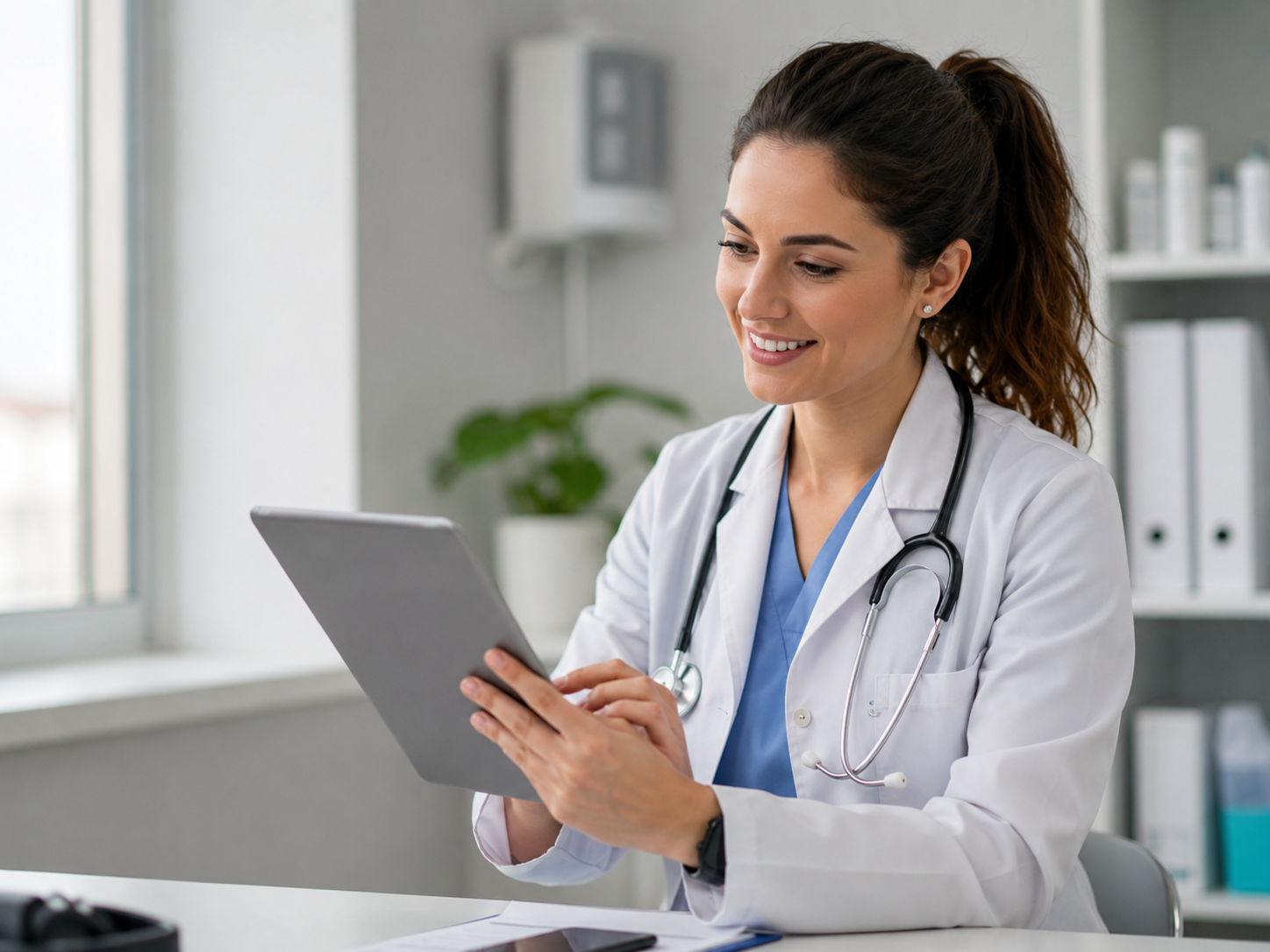 Clinician reviewing information on a tablet at her desk